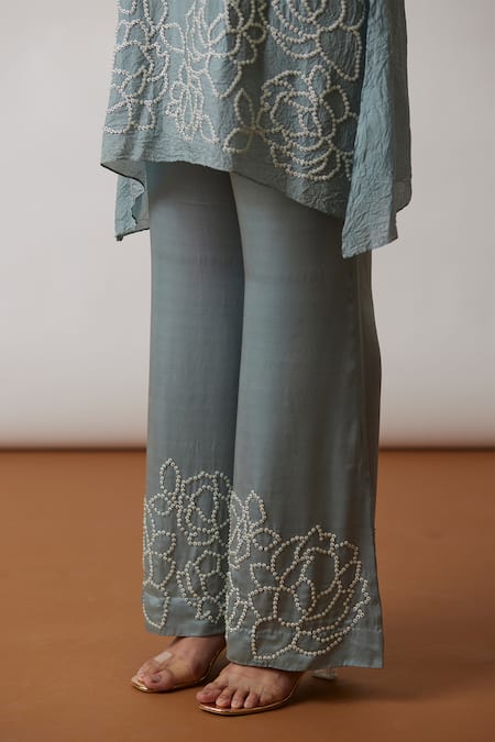 One Not Two Blue Viscose, Silk, Modal, Satin Embroidery, Hand Work A-line Kurta And Pant Set at Aza Fashions One Not Two_Blue Viscose, Silk, Modal, Satin Embroidery, Hand Work A-line Kurta And Pant Set _at_Aza_Fashions