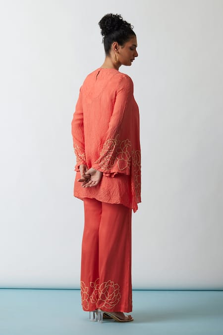 Shop One Not Two Orange Viscose, Silk, Modal, Satin Embroidery Floral A-line Kurta And Pant Set at Aza Fashions Shop_One Not Two_Orange Viscose, Silk, Modal, Satin Embroidery Floral A-line Kurta And Pant Set _at_Aza_Fashions