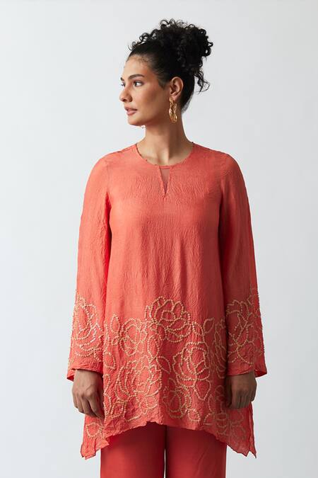 One Not Two Orange Viscose, Silk, Modal, Satin Embroidery Floral A-line Kurta And Pant Set Online at Aza Fashions One Not Two_Orange Viscose, Silk, Modal, Satin Embroidery Floral A-line Kurta And Pant Set _Online_at_Aza_Fashions