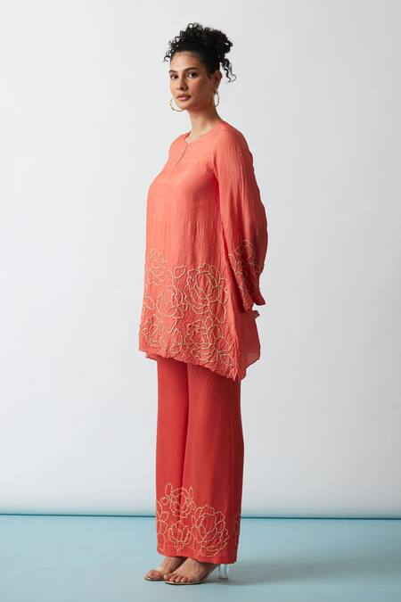 Buy One Not Two Orange Viscose, Silk, Modal, Satin Embroidery Floral A-line Kurta And Pant Set Online at Aza Fashions Buy_One Not Two_Orange Viscose, Silk, Modal, Satin Embroidery Floral A-line Kurta And Pant Set _Online_at_Aza_Fashions
