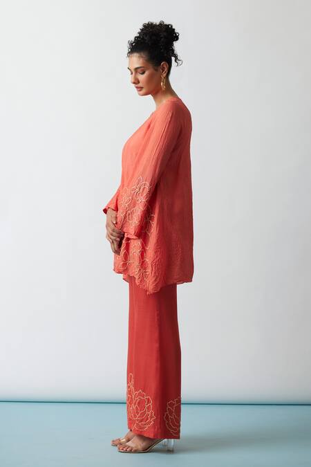 Shop One Not Two Orange Viscose, Silk, Modal, Satin Embroidery Floral A-line Kurta And Pant Set Online at Aza Fashions Shop_One Not Two_Orange Viscose, Silk, Modal, Satin Embroidery Floral A-line Kurta And Pant Set _Online_at_Aza_Fashions