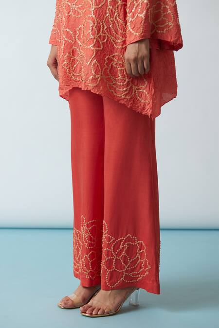 One Not Two Orange Viscose, Silk, Modal, Satin Embroidery Floral A-line Kurta And Pant Set at Aza Fashions One Not Two_Orange Viscose, Silk, Modal, Satin Embroidery Floral A-line Kurta And Pant Set _at_Aza_Fashions