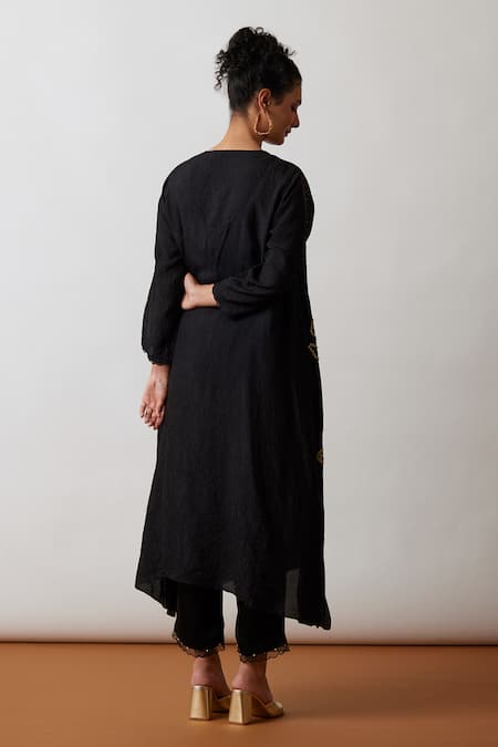 Shop One Not Two Black Viscose, Silk, Modal, Satin Hand Embroidered A-line Kurta And Pant Set at Aza Fashions Shop_One Not Two_Black Viscose, Silk, Modal, Satin Hand Embroidered A-line Kurta And Pant Set _at_Aza_Fashions