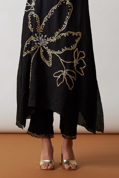 One Not Two Black Viscose, Silk, Modal, Satin Hand Embroidered A-line Kurta And Pant Set Online at Aza Fashions One Not Two_Black Viscose, Silk, Modal, Satin Hand Embroidered A-line Kurta And Pant Set _Online_at_Aza_Fashions