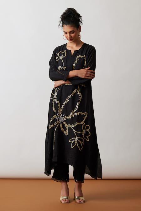 Shop One Not Two Black Viscose, Silk, Modal, Satin Hand Embroidered A-line Kurta And Pant Set Online at Aza Fashions Shop_One Not Two_Black Viscose, Silk, Modal, Satin Hand Embroidered A-line Kurta And Pant Set _Online_at_Aza_Fashions