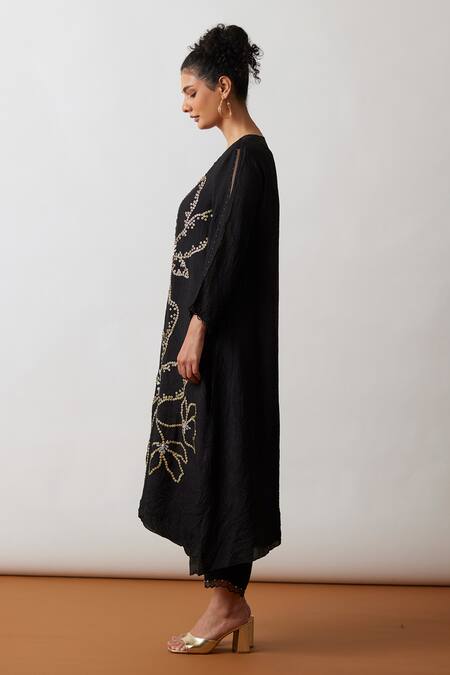 One Not Two Black Viscose, Silk, Modal, Satin Hand Embroidered A-line Kurta And Pant Set at Aza Fashions One Not Two_Black Viscose, Silk, Modal, Satin Hand Embroidered A-line Kurta And Pant Set _at_Aza_Fashions