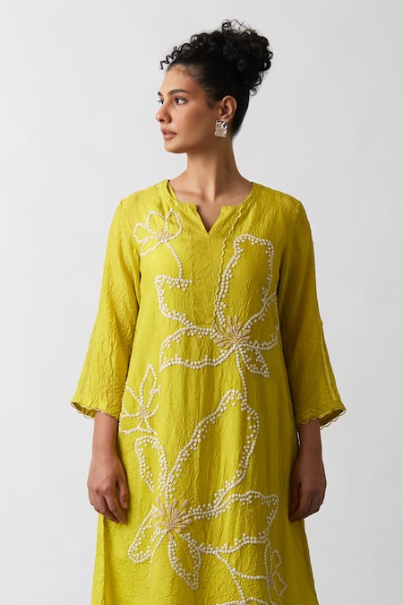 One Not Two Yellow Viscose, Silk, Modal, Satin Sequins, Embroidered A-line Kurta And Pant Set Online at Aza Fashions One Not Two_Yellow Viscose, Silk, Modal, Satin Sequins, Embroidered A-line Kurta And Pant Set _Online_at_Aza_Fashions
