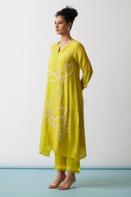 Shop One Not Two Yellow Viscose, Silk, Modal, Satin Sequins, Embroidered A-line Kurta And Pant Set Online at Aza Fashions Shop_One Not Two_Yellow Viscose, Silk, Modal, Satin Sequins, Embroidered A-line Kurta And Pant Set _Online_at_Aza_Fashions