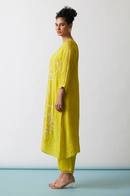 One Not Two Yellow Viscose, Silk, Modal, Satin Sequins, Embroidered A-line Kurta And Pant Set at Aza Fashions One Not Two_Yellow Viscose, Silk, Modal, Satin Sequins, Embroidered A-line Kurta And Pant Set _at_Aza_Fashions