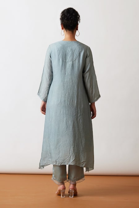Shop One Not Two Blue Viscose, Silk, Modal, Satin Hand Asymmetric A-line Kurta And Pant Set at Aza Fashions Shop_One Not Two_Blue Viscose, Silk, Modal, Satin Hand Asymmetric A-line Kurta And Pant Set _at_Aza_Fashions