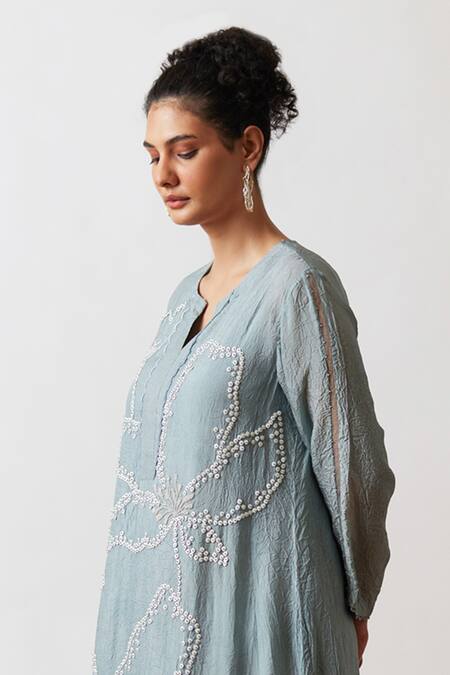One Not Two Blue Viscose, Silk, Modal, Satin Hand Asymmetric A-line Kurta And Pant Set Online at Aza Fashions One Not Two_Blue Viscose, Silk, Modal, Satin Hand Asymmetric A-line Kurta And Pant Set _Online_at_Aza_Fashions