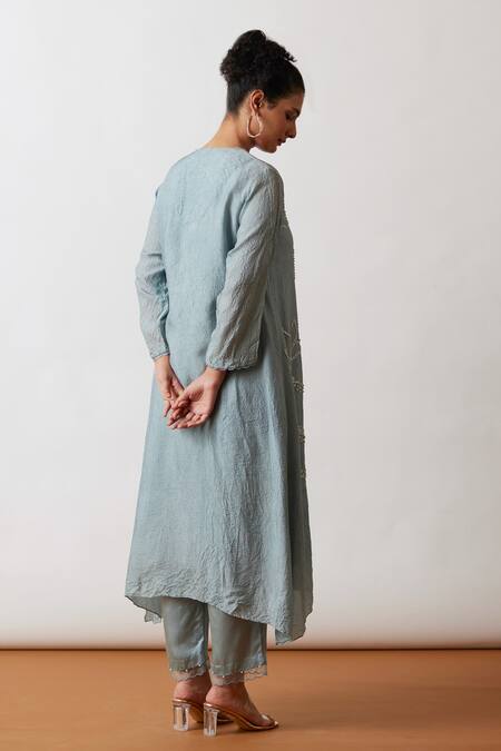 Buy One Not Two Blue Viscose, Silk, Modal, Satin Hand Asymmetric A-line Kurta And Pant Set Online at Aza Fashions Buy_One Not Two_Blue Viscose, Silk, Modal, Satin Hand Asymmetric A-line Kurta And Pant Set _Online_at_Aza_Fashions