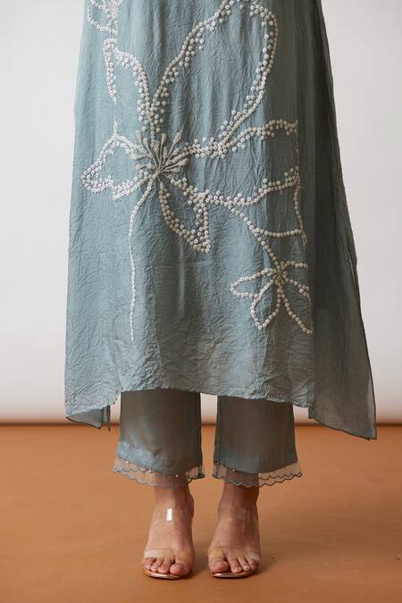 Shop One Not Two Blue Viscose, Silk, Modal, Satin Hand Asymmetric A-line Kurta And Pant Set Online at Aza Fashions Shop_One Not Two_Blue Viscose, Silk, Modal, Satin Hand Asymmetric A-line Kurta And Pant Set _Online_at_Aza_Fashions