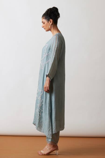 One Not Two Blue Viscose, Silk, Modal, Satin Hand Asymmetric A-line Kurta And Pant Set at Aza Fashions One Not Two_Blue Viscose, Silk, Modal, Satin Hand Asymmetric A-line Kurta And Pant Set _at_Aza_Fashions