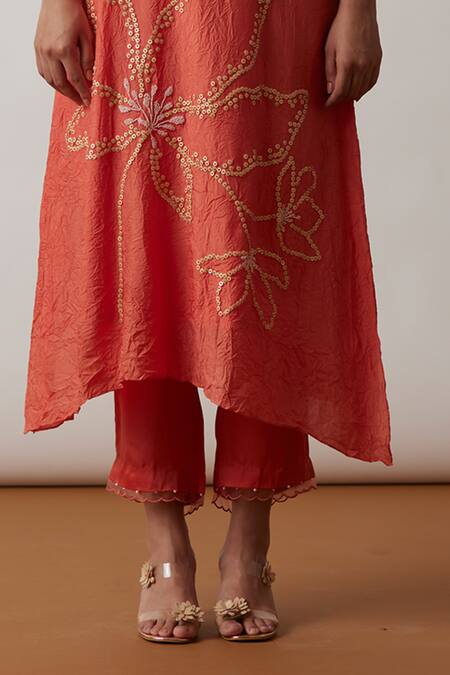 One Not Two Orange Viscose, Silk, Modal, Embroidered Asymmetric A-line Kurta And Pant Set Online at Aza Fashions One Not Two_Orange Viscose, Silk, Modal, Embroidered Asymmetric A-line Kurta And Pant Set _Online_at_Aza_Fashions