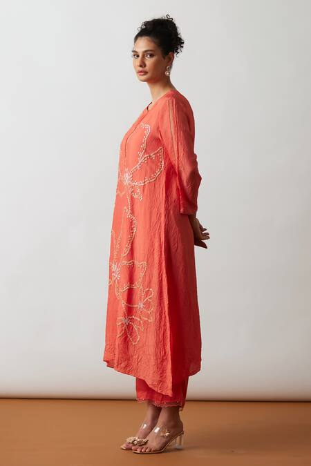 Buy One Not Two Orange Viscose, Silk, Modal, Embroidered Asymmetric A-line Kurta And Pant Set Online at Aza Fashions Buy_One Not Two_Orange Viscose, Silk, Modal, Embroidered Asymmetric A-line Kurta And Pant Set _Online_at_Aza_Fashions