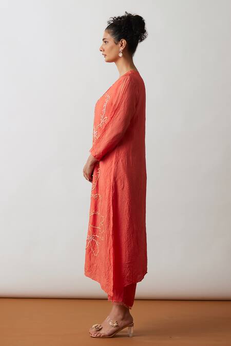 Shop One Not Two Orange Viscose, Silk, Modal, Embroidered Asymmetric A-line Kurta And Pant Set Online at Aza Fashions Shop_One Not Two_Orange Viscose, Silk, Modal, Embroidered Asymmetric A-line Kurta And Pant Set _Online_at_Aza_Fashions