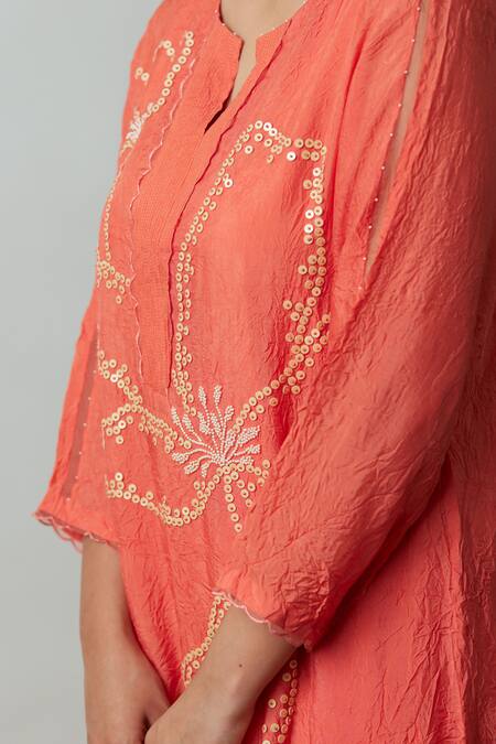 One Not Two Orange Viscose, Silk, Modal, Embroidered Asymmetric A-line Kurta And Pant Set at Aza Fashions One Not Two_Orange Viscose, Silk, Modal, Embroidered Asymmetric A-line Kurta And Pant Set _at_Aza_Fashions