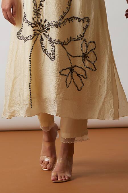 One Not Two Off White Viscose, Silk, Modal, Satin Sequins, Hand Work A-line Kurta And Pant Set Online at Aza Fashions One Not Two_Off White Viscose, Silk, Modal, Satin Sequins, Hand Work A-line Kurta And Pant Set _Online_at_Aza_Fashions