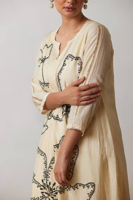 Shop One Not Two Off White Viscose, Silk, Modal, Satin Sequins, Hand Work A-line Kurta And Pant Set Online at Aza Fashions Shop_One Not Two_Off White Viscose, Silk, Modal, Satin Sequins, Hand Work A-line Kurta And Pant Set _Online_at_Aza_Fashions