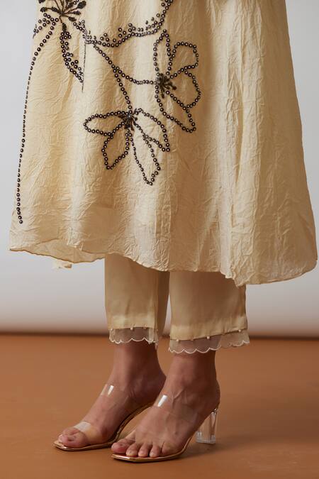 One Not Two Off White Viscose, Silk, Modal, Satin Sequins, Hand Work A-line Kurta And Pant Set at Aza Fashions One Not Two_Off White Viscose, Silk, Modal, Satin Sequins, Hand Work A-line Kurta And Pant Set _at_Aza_Fashions