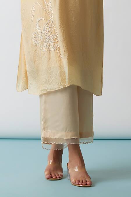 One Not Two Yellow Viscose, Silk, Modal, Satin Sequins, Hand Embroidered Kurta And Pant Set Online at Aza Fashions One Not Two_Yellow Viscose, Silk, Modal, Satin Sequins, Hand Embroidered Kurta And Pant Set _Online_at_Aza_Fashions