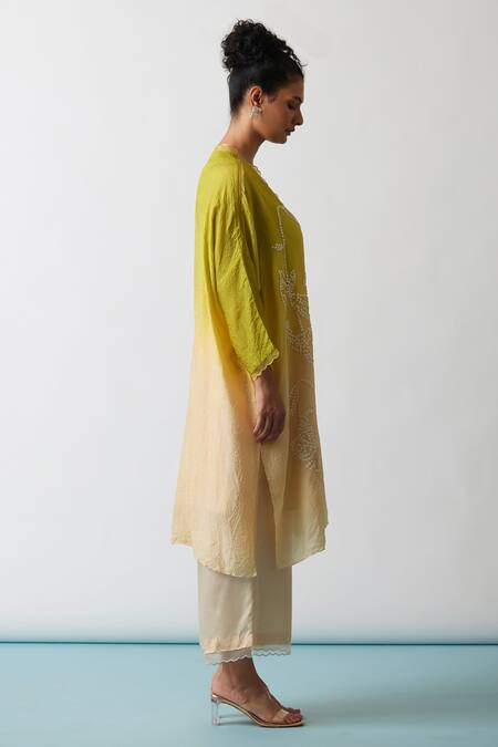 Shop One Not Two Yellow Viscose, Silk, Modal, Satin Sequins, Hand Embroidered Kurta And Pant Set Online at Aza Fashions Shop_One Not Two_Yellow Viscose, Silk, Modal, Satin Sequins, Hand Embroidered Kurta And Pant Set _Online_at_Aza_Fashions