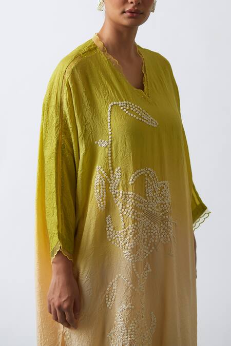 One Not Two Yellow Viscose, Silk, Modal, Satin Sequins, Hand Embroidered Kurta And Pant Set at Aza Fashions One Not Two_Yellow Viscose, Silk, Modal, Satin Sequins, Hand Embroidered Kurta And Pant Set _at_Aza_Fashions