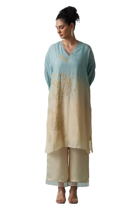 One Not Two Blue Viscose, Silk, Modal, Satin Sequins, Beads Embroidered Kurta And Pant Set Online at Aza Fashions One Not Two_Blue Viscose, Silk, Modal, Satin Sequins, Beads Embroidered Kurta And Pant Set _Online_at_Aza_Fashions