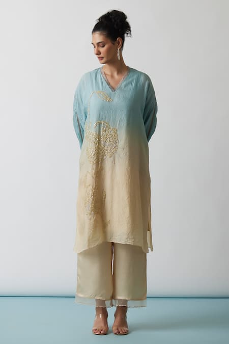 One Not Two Blue Viscose, Silk, Modal, Satin Sequins, Beads Embroidered Kurta And Pant Set at Aza Fashions One Not Two_Blue Viscose, Silk, Modal, Satin Sequins, Beads Embroidered Kurta And Pant Set _at_Aza_Fashions