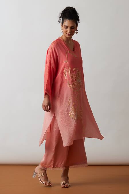 Shop One Not Two Orange Viscose, Silk, Modal, Satin Sequins, Floral Embroidered Kurta And Pant Set Online at Aza Fashions Shop_One Not Two_Orange Viscose, Silk, Modal, Satin Sequins, Floral Embroidered Kurta And Pant Set _Online_at_Aza_Fashions
