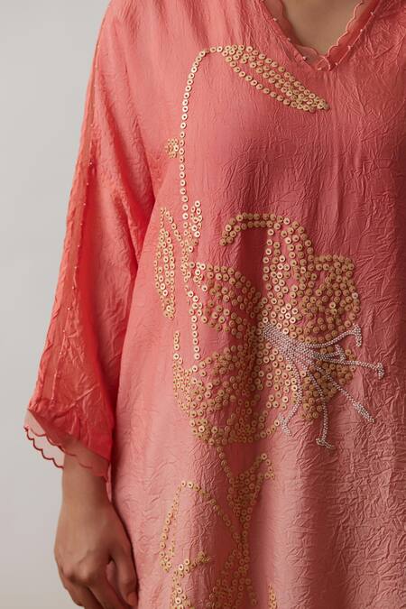 One Not Two Orange Viscose, Silk, Modal, Satin Sequins, Floral Embroidered Kurta And Pant Set at Aza Fashions One Not Two_Orange Viscose, Silk, Modal, Satin Sequins, Floral Embroidered Kurta And Pant Set _at_Aza_Fashions