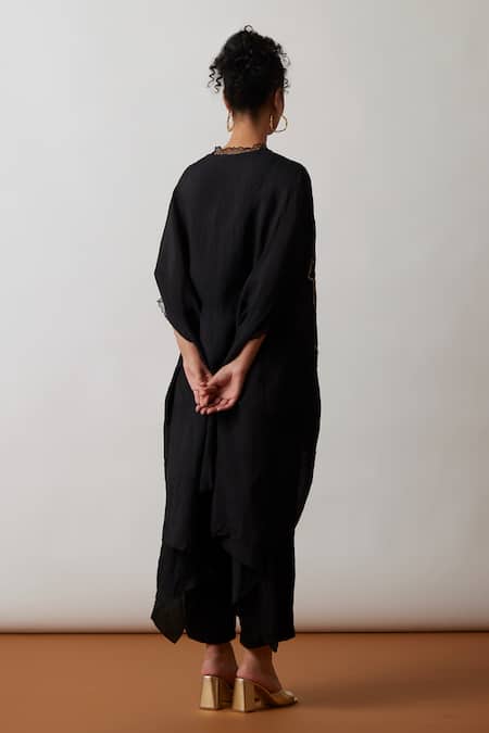 Shop One Not Two Black Kaftan Viscose Silk Hand Embroidered Floral Asymmetric And Pant Set at Aza Fashions Shop_One Not Two_Black Kaftan Viscose Silk Hand Embroidered Floral Asymmetric And Pant Set _at_Aza_Fashions
