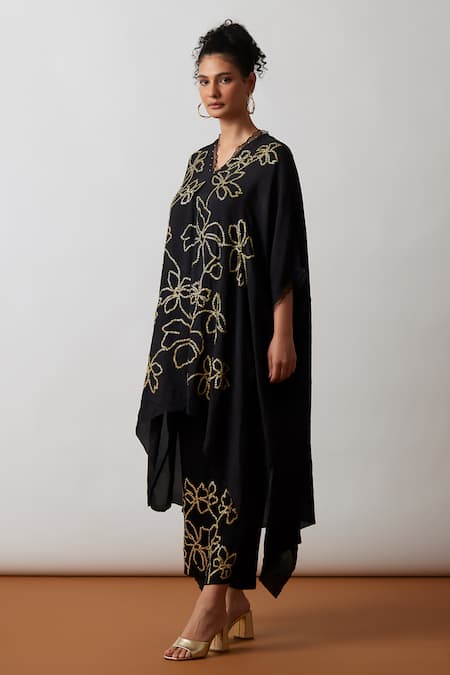One Not Two Black Kaftan Viscose Silk Hand Embroidered Floral Asymmetric And Pant Set Online at Aza Fashions One Not Two_Black Kaftan Viscose Silk Hand Embroidered Floral Asymmetric And Pant Set _Online_at_Aza_Fashions