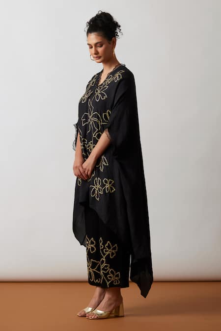 Buy One Not Two Black Kaftan Viscose Silk Hand Embroidered Floral Asymmetric And Pant Set Online at Aza Fashions Buy_One Not Two_Black Kaftan Viscose Silk Hand Embroidered Floral Asymmetric And Pant Set _Online_at_Aza_Fashions