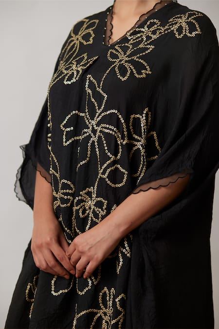 Shop One Not Two Black Kaftan Viscose Silk Hand Embroidered Floral Asymmetric And Pant Set Online at Aza Fashions Shop_One Not Two_Black Kaftan Viscose Silk Hand Embroidered Floral Asymmetric And Pant Set _Online_at_Aza_Fashions