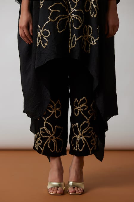 One Not Two Black Kaftan Viscose Silk Hand Embroidered Floral Asymmetric And Pant Set at Aza Fashions One Not Two_Black Kaftan Viscose Silk Hand Embroidered Floral Asymmetric And Pant Set _at_Aza_Fashions