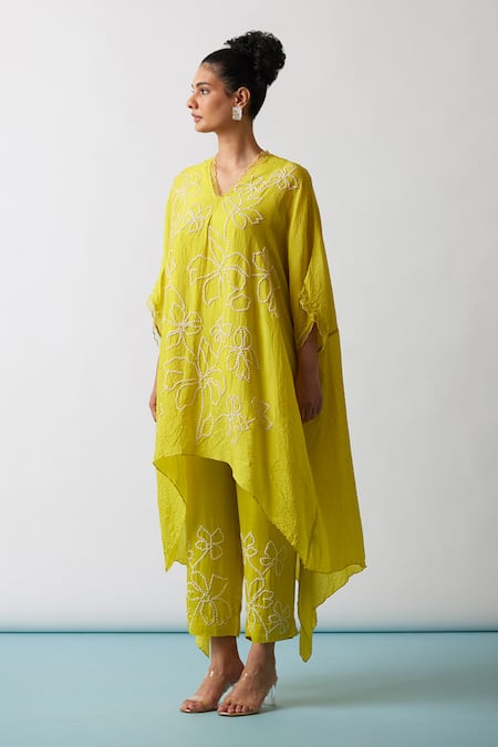 One Not Two Embroidered Asymmetric Kaftan & Pant Set 