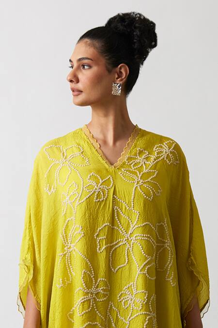 One Not Two Yellow Kaftan Viscose Silk Hand Embroidered Floral Asymmetric And Pant Set Online at Aza Fashions One Not Two_Yellow Kaftan Viscose Silk Hand Embroidered Floral Asymmetric And Pant Set _Online_at_Aza_Fashions