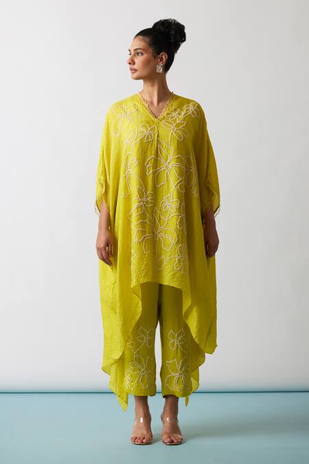 Shop One Not Two Yellow Kaftan Viscose Silk Hand Embroidered Floral Asymmetric And Pant Set Online at Aza Fashions Shop_One Not Two_Yellow Kaftan Viscose Silk Hand Embroidered Floral Asymmetric And Pant Set _Online_at_Aza_Fashions