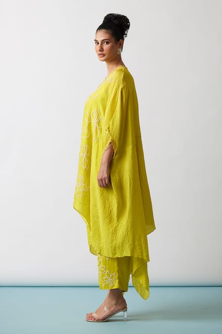 One Not Two Yellow Kaftan Viscose Silk Hand Embroidered Floral Asymmetric And Pant Set at Aza Fashions One Not Two_Yellow Kaftan Viscose Silk Hand Embroidered Floral Asymmetric And Pant Set _at_Aza_Fashions