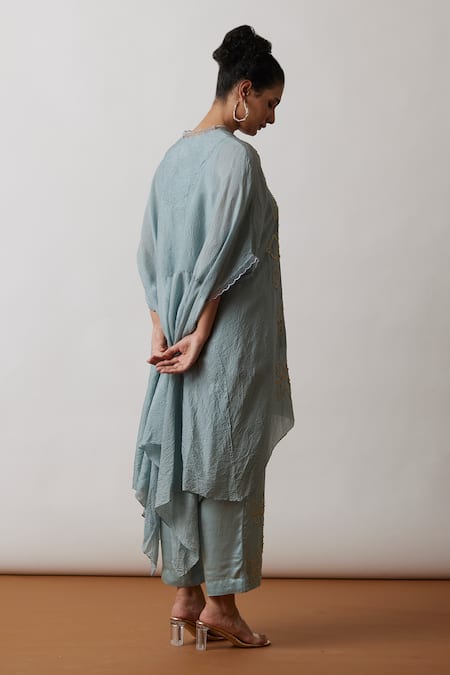 Shop One Not Two Blue Kaftan Viscose Silk Hand Embroidered Floral Scalloped V Neck And Pant Set at Aza Fashions Shop_One Not Two_Blue Kaftan Viscose Silk Hand Embroidered Floral Scalloped V Neck And Pant Set _at_Aza_Fashions