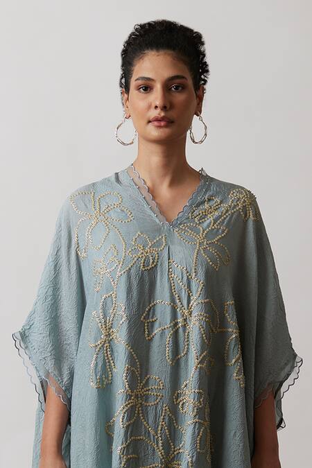 One Not Two Blue Kaftan Viscose Silk Hand Embroidered Floral Scalloped V Neck And Pant Set Online at Aza Fashions One Not Two_Blue Kaftan Viscose Silk Hand Embroidered Floral Scalloped V Neck And Pant Set _Online_at_Aza_Fashions
