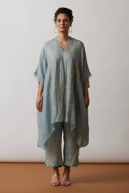 Shop One Not Two Blue Kaftan Viscose Silk Hand Embroidered Floral Scalloped V Neck And Pant Set Online at Aza Fashions Shop_One Not Two_Blue Kaftan Viscose Silk Hand Embroidered Floral Scalloped V Neck And Pant Set _Online_at_Aza_Fashions