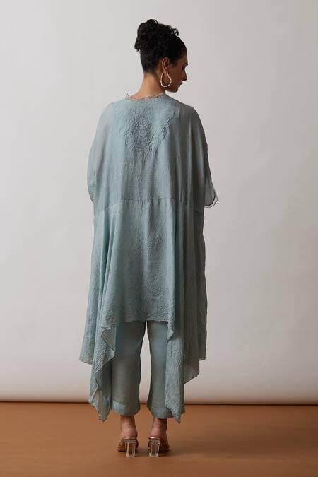 One Not Two Blue Kaftan Viscose Silk Hand Embroidered Floral Scalloped V Neck And Pant Set at Aza Fashions One Not Two_Blue Kaftan Viscose Silk Hand Embroidered Floral Scalloped V Neck And Pant Set _at_Aza_Fashions