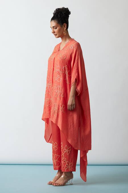 One Not Two Orange Viscose, Silk, Modal, Satin Embroidery, Sequins, Beads Kaftan And Pant Set at Aza Fashions One Not Two_Orange Viscose, Silk, Modal, Satin Embroidery, Sequins, Beads Kaftan And Pant Set _at_Aza_Fashions