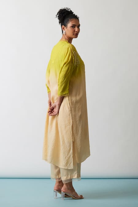 Shop One Not Two Yellow Kaftan Viscose Silk Hand Embroidered Floral Scalloped V Work And Pant Set at Aza Fashions Shop_One Not Two_Yellow Kaftan Viscose Silk Hand Embroidered Floral Scalloped V Work And Pant Set _at_Aza_Fashions