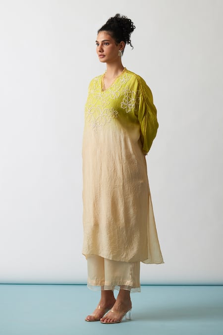 Shop One Not Two Yellow Kaftan Viscose Silk Hand Embroidered Floral Scalloped V Work And Pant Set Online at Aza Fashions Shop_One Not Two_Yellow Kaftan Viscose Silk Hand Embroidered Floral Scalloped V Work And Pant Set _Online_at_Aza_Fashions