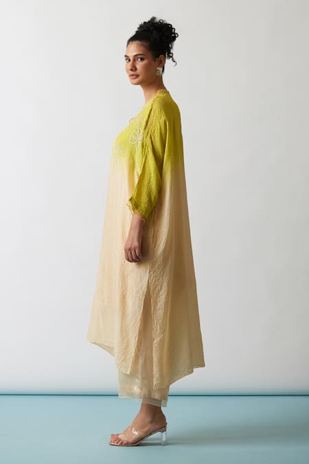 One Not Two Yellow Kaftan Viscose Silk Hand Embroidered Floral Scalloped V Work And Pant Set at Aza Fashions One Not Two_Yellow Kaftan Viscose Silk Hand Embroidered Floral Scalloped V Work And Pant Set _at_Aza_Fashions