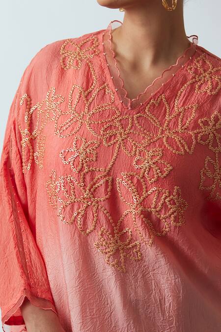 One Not Two Orange Viscose, Silk, Modal, Satin Embroidery, Hand Work Kaftan And Pant Set Online at Aza Fashions One Not Two_Orange Viscose, Silk, Modal, Satin Embroidery, Hand Work Kaftan And Pant Set _Online_at_Aza_Fashions